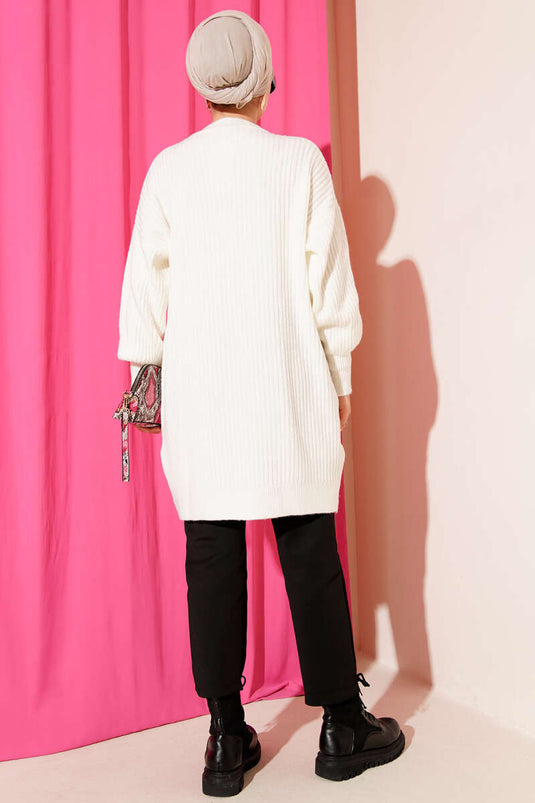 Tunica in maglia a righe goffrate asimmetriche color ecru