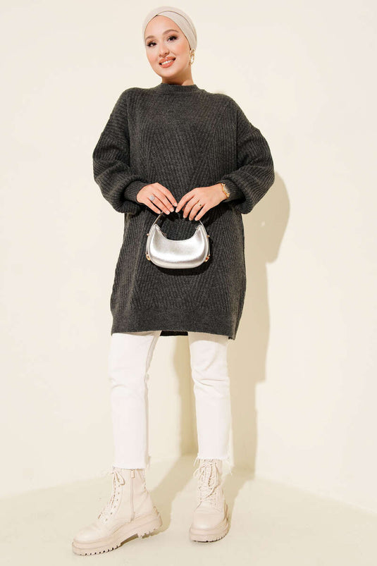 Asymmetrical Embossed Striped Knit Tunic in Smoke