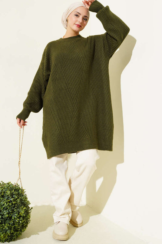 Tunique asymétrique en maille rayée gaufrée kaki