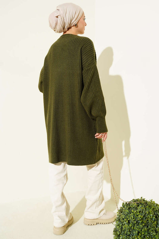 Tunique asymétrique en maille rayée gaufrée kaki