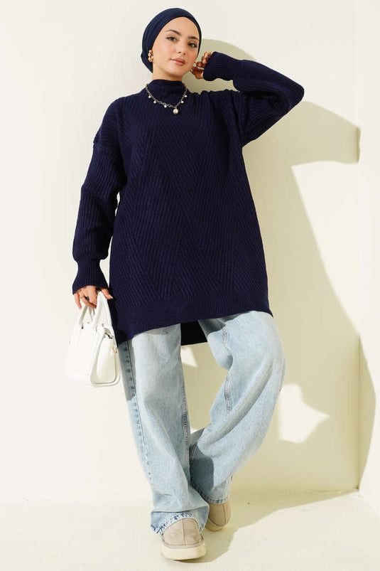 Tunique asymétrique en maille rayée en relief bleu marine