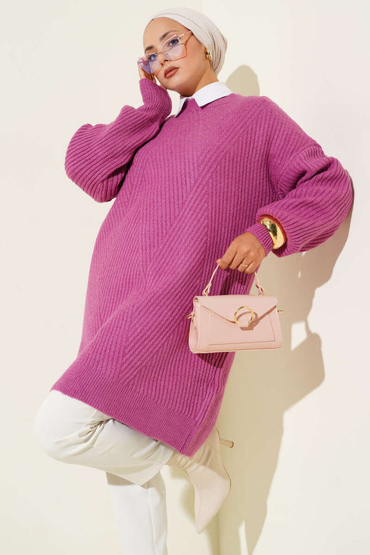 Asymmetrical Embossed Striped Knit Tunic Magenta