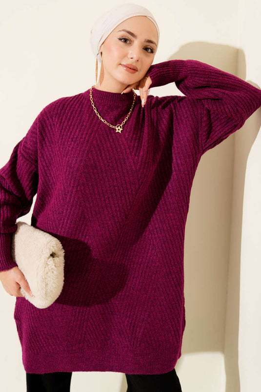 Asymmetrische Geborduurde Gestreepte Brei Tuniek Violet
