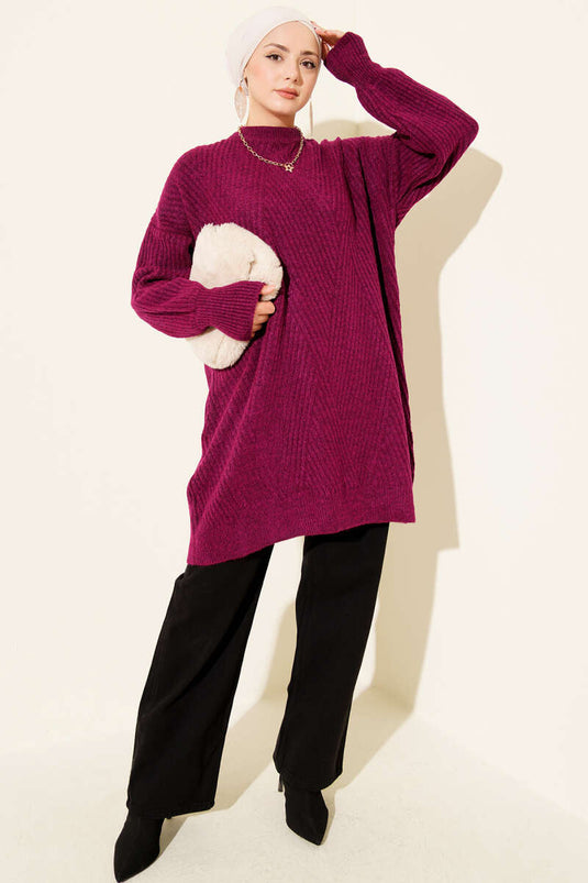 Asymmetrische Geborduurde Gestreepte Brei Tuniek Violet