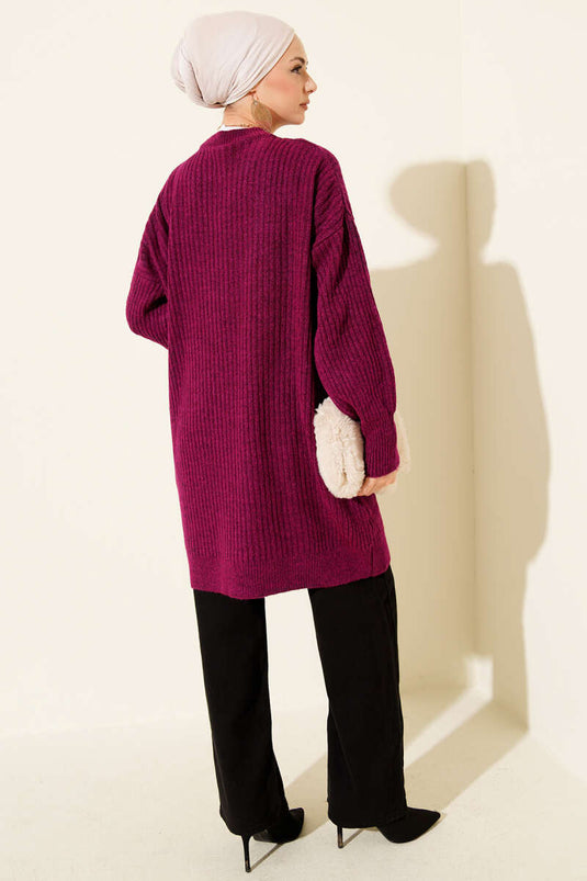 Asymmetrische Geborduurde Gestreepte Brei Tuniek Violet