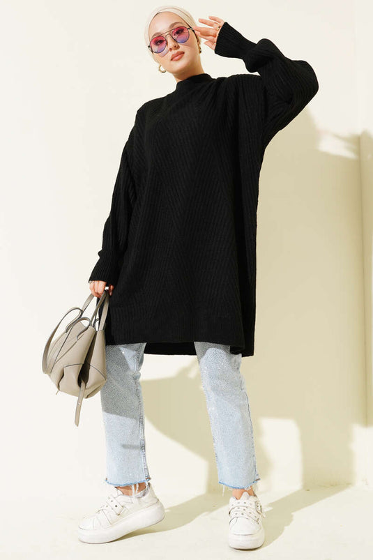 Asimetrik Kabartma Çizgili Triko Tunik Siyah