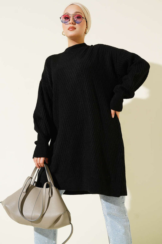 Tunique en tricot rayé asymétrique en relief noire