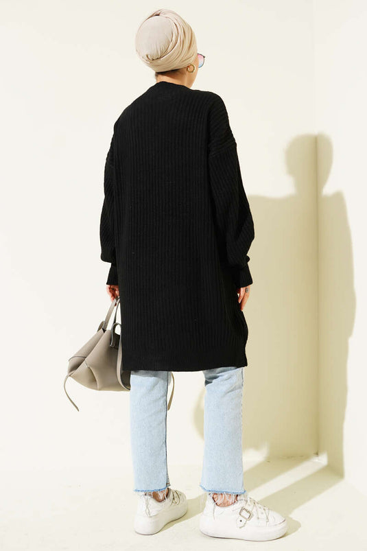 Tunique en tricot rayé asymétrique en relief noire
