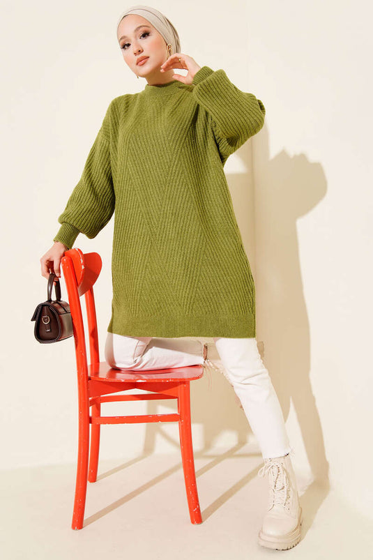 Asymmetrical Embossed Striped Knit Tunic Oil Green