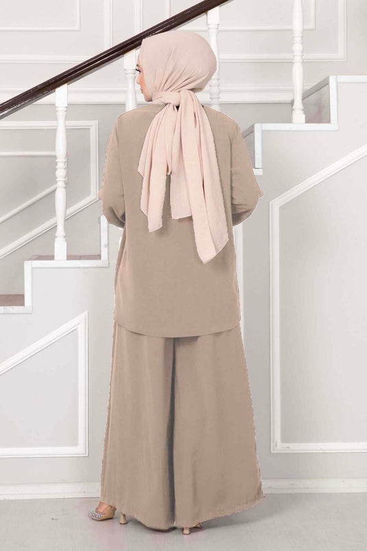 Asymmetric Cut Aerobin Hijab Two-Piece Set Beige