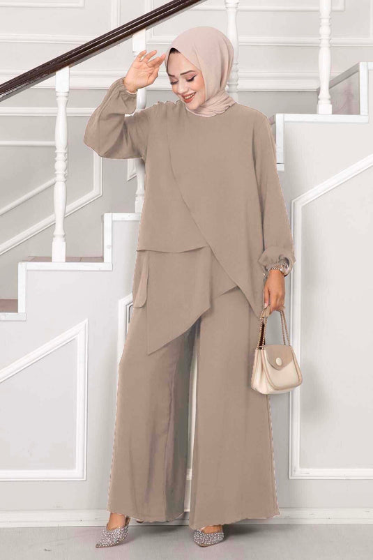 Asymmetric Cut Aerobin Hijab Two-Piece Set Beige