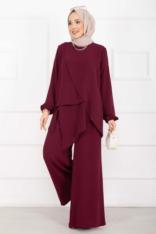 Asimetrik Kesim Aerobin Tesettür İkili Takım Bordo