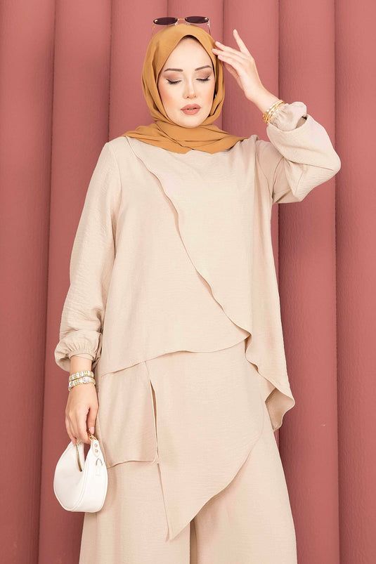 Asymmetrisch Snede Abaya En Jilbab Set Camel