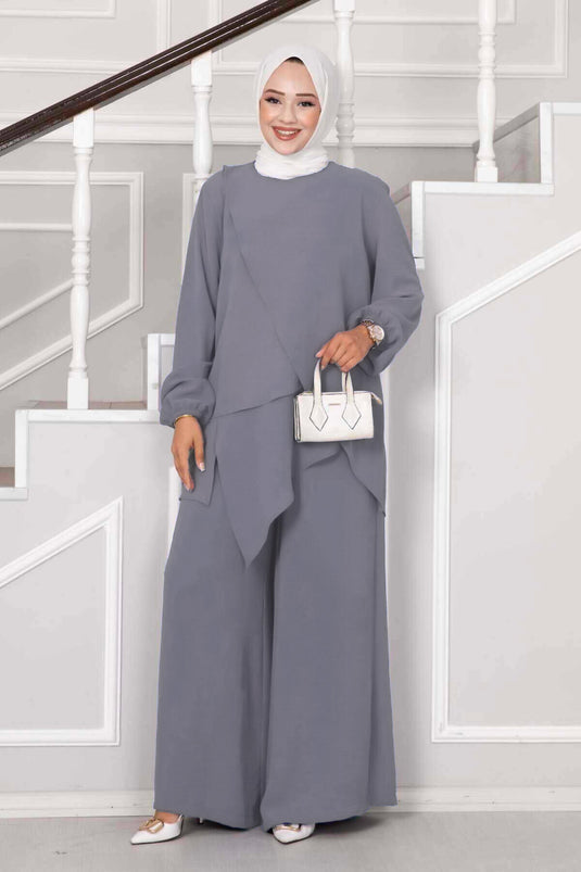 Asymmetric Cut Aerobin Hijab Two-Piece Set Gray