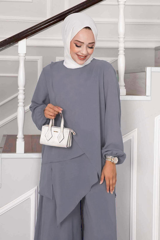 Asymmetric Cut Aerobin Hijab Two-Piece Set Gray