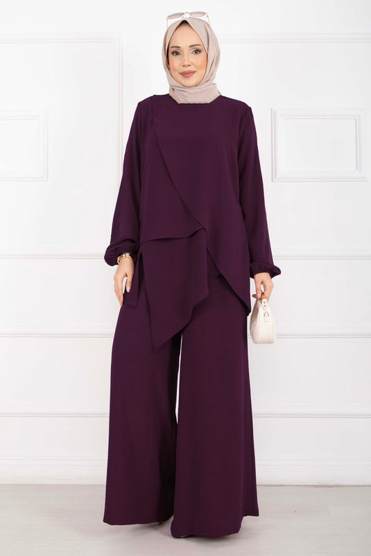 Asymmetric Cut Aerobin Modest Two-Piece Set in Burgundy