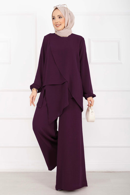 Asymmetric Cut Aerobin Modest Two-Piece Set in Burgundy