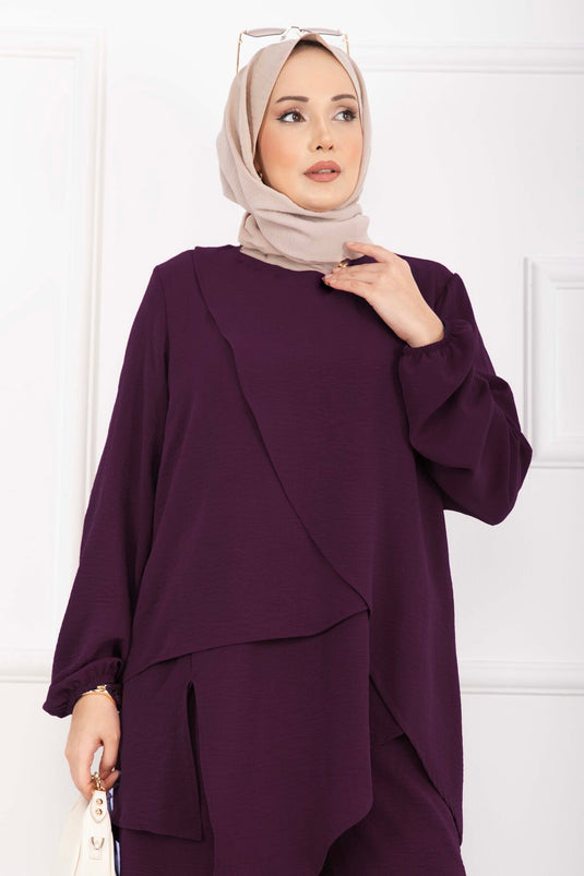 Asymmetric Cut Aerobin Modest Two-Piece Set in Burgundy