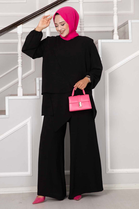 Asymmetric Cut Aerobin Hijab Two-Piece Set Black