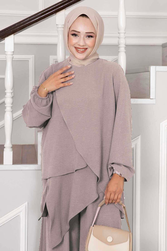 Asymmetrical Cut Aerobin Hijab Two Piece Suit Mink