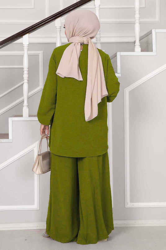 Asymmetrical Cut Aerobin Hijab Two Piece Suit Oil Green