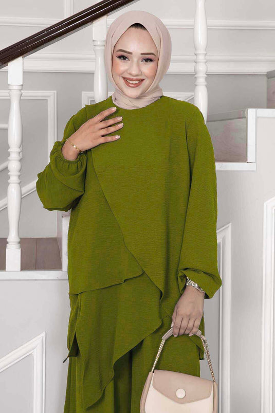 Asymmetrical Cut Aerobin Hijab Two Piece Suit Oil Green