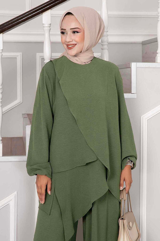 Asymmetrisch Geschnittenes Abaya- Und Tunika-Set In Olivgrün