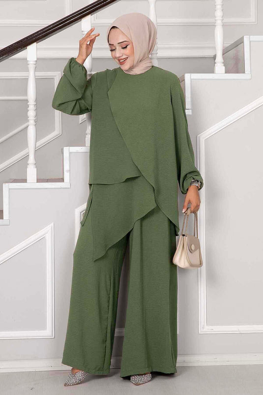 Asymmetrisch Geschnittenes Abaya- Und Tunika-Set In Olivgrün