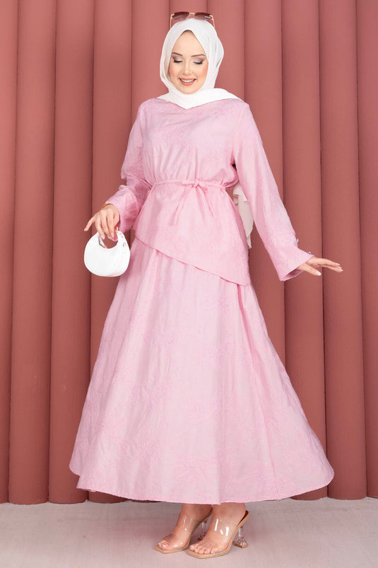 Asimetrik Kesim Bağcıklı Nakışlı Etek Takım Pembe