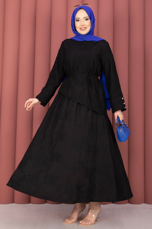 Asymmetric Cut Drawstring Embroidered Skirt Set Black