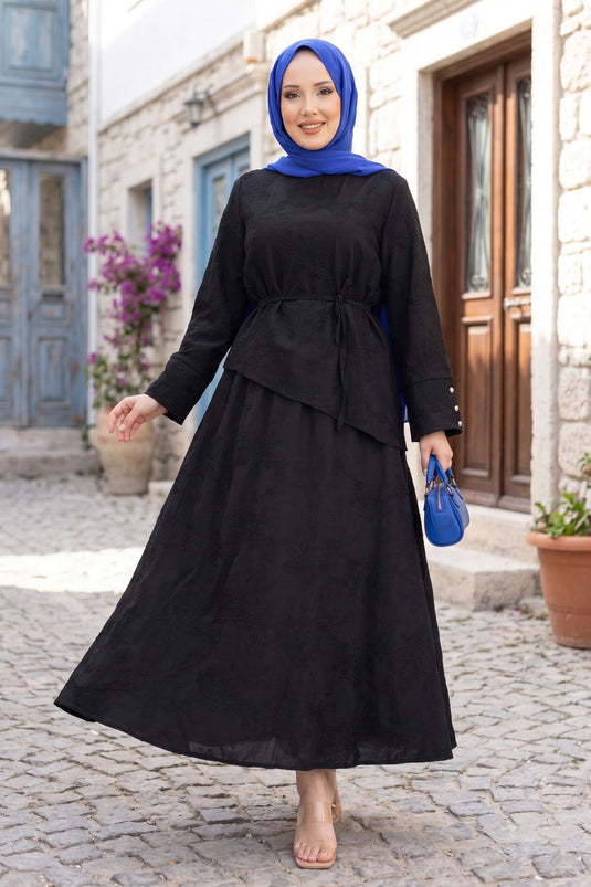 Asymmetric Cut Drawstring Embroidered Skirt Set Black