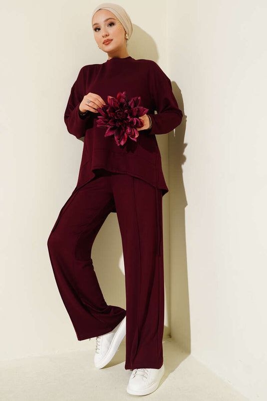 Asymmetrical Cut Crew Neck Two Piece Suit Burgundy