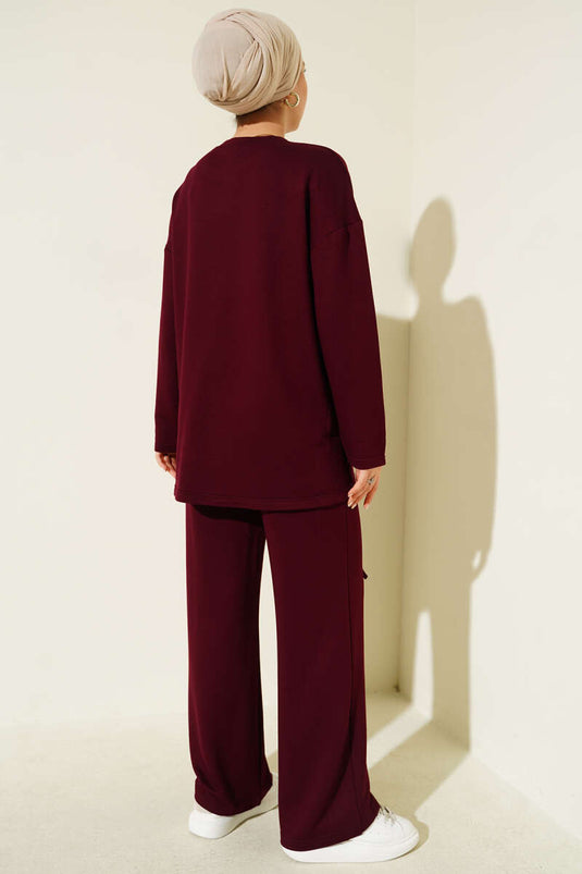 Asymmetrical Cut Crew Neck Two Piece Suit Burgundy
