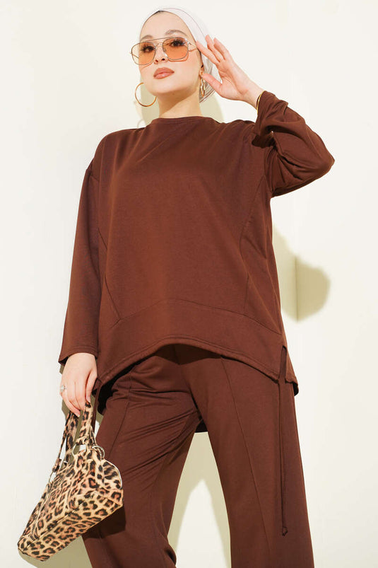 Ensemble double à col rond coupe asymétrique marron