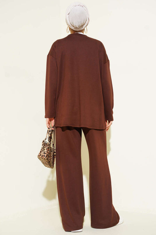 Ensemble double à col rond coupe asymétrique marron