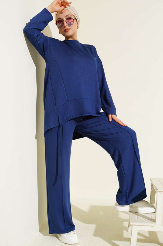 Asimetrik Kesim Bisiklet Yaka İkili Takım Lacivert
