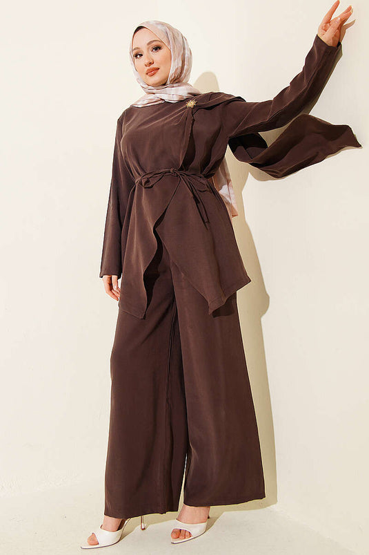 Ensemble double en tensel à coupe asymétrique avec broche, couleur café