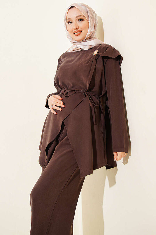 Ensemble double en tensel à coupe asymétrique avec broche, couleur café