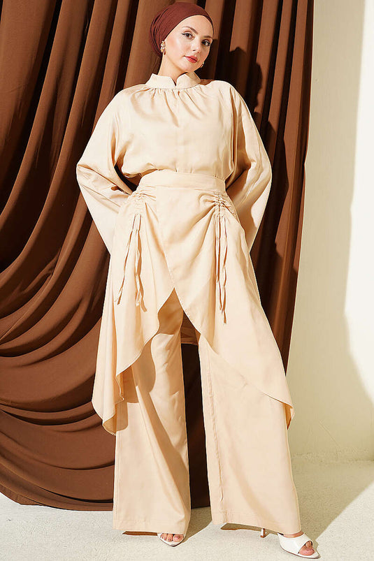 Asymmetrical Gathered Two-Piece Set Beige