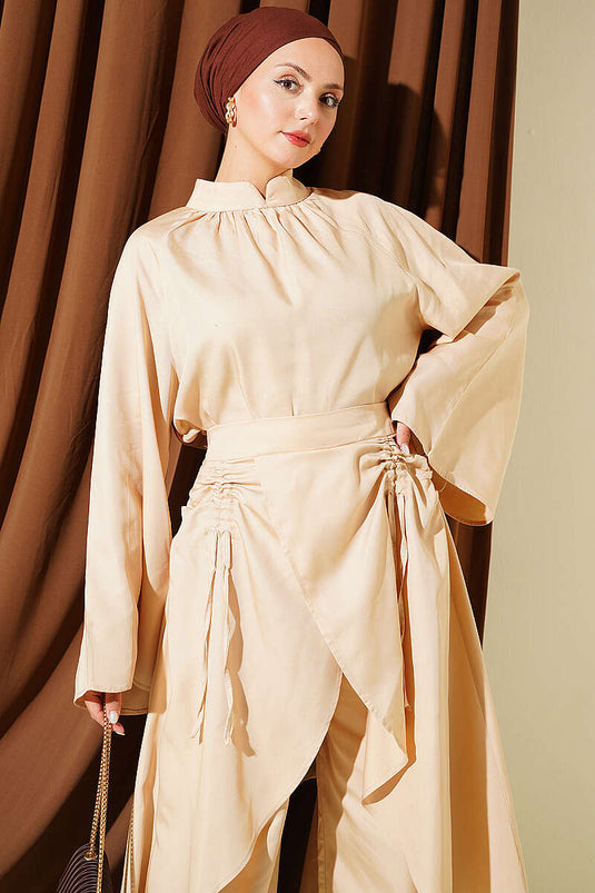 Asymmetrical Gathered Two-Piece Set Beige