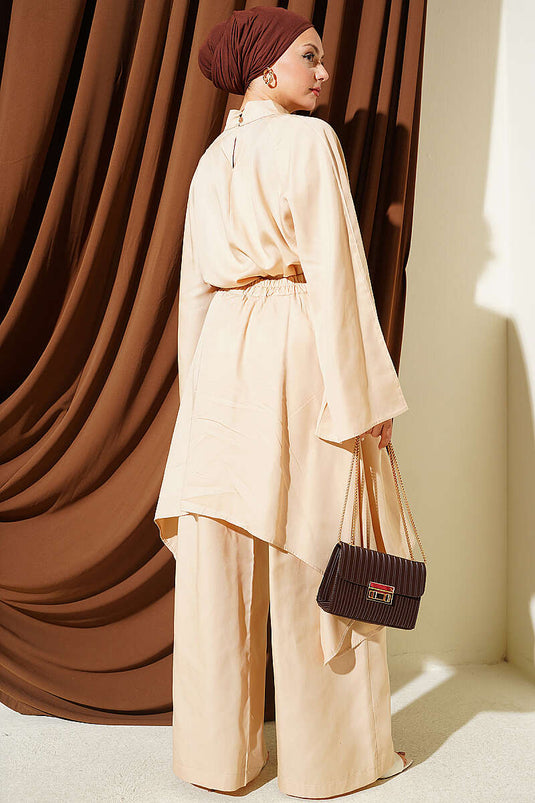 Asymmetrical Gathered Two-Piece Set Beige