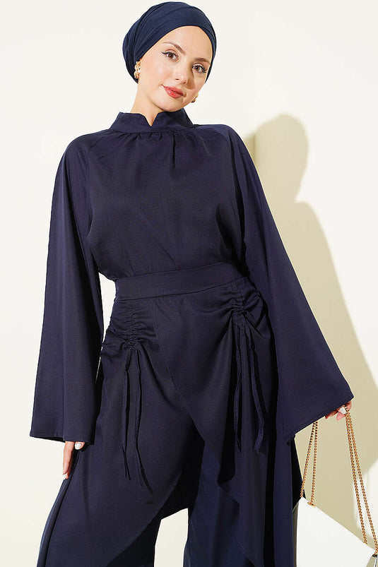 Asymmetrical Pleated Two-Piece Set Navy