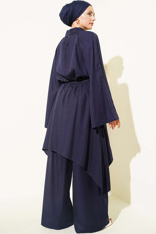 Asymmetrical Pleated Two-Piece Set Navy