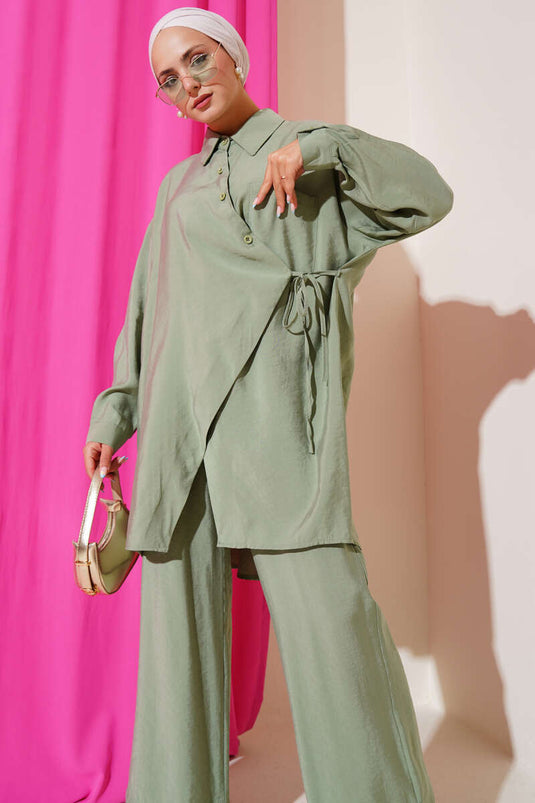 Costume deux pièces à coupe asymétrique et cordon de serrage, vert amande