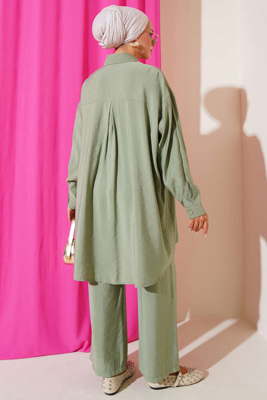 Costume deux pièces à coupe asymétrique et cordon de serrage, vert amande