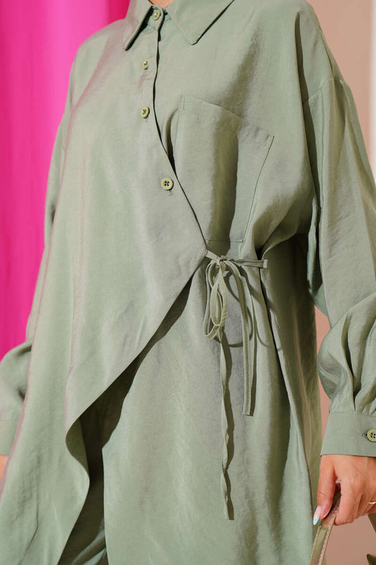 Costume deux pièces à coupe asymétrique et cordon de serrage, vert amande