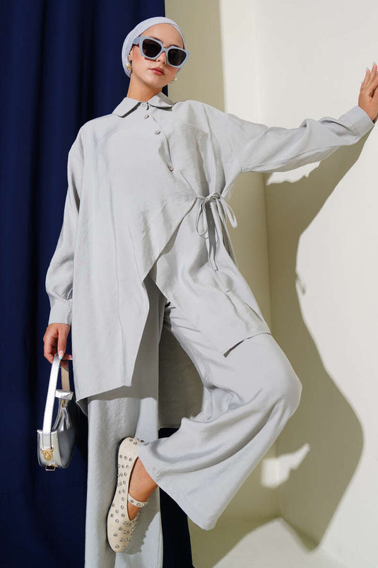 Asimetrik Kesim İp Bağlamalı İkili Takım Gri