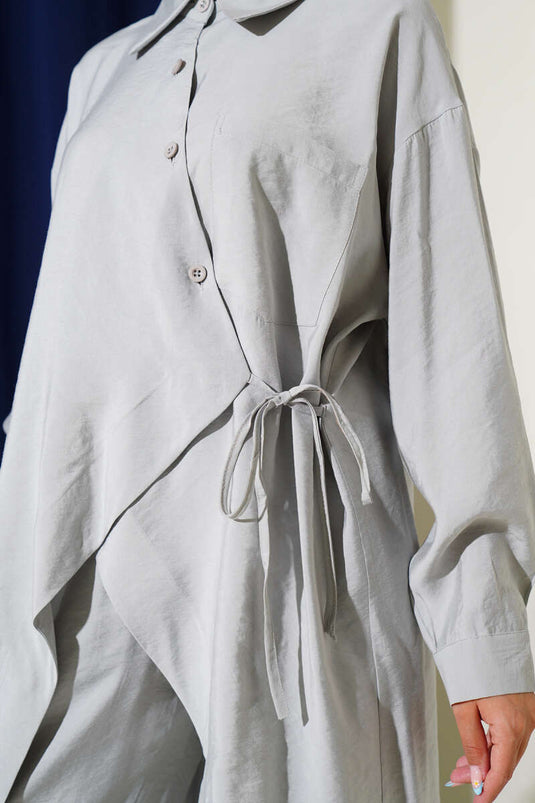 Asimetrik Kesim İp Bağlamalı İkili Takım Gri