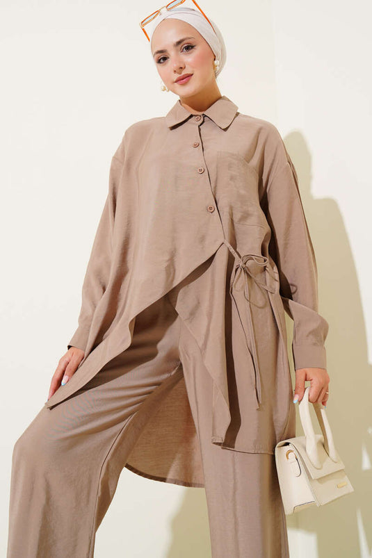 Costume deux pièces asymétrique en vison avec cordon de serrage