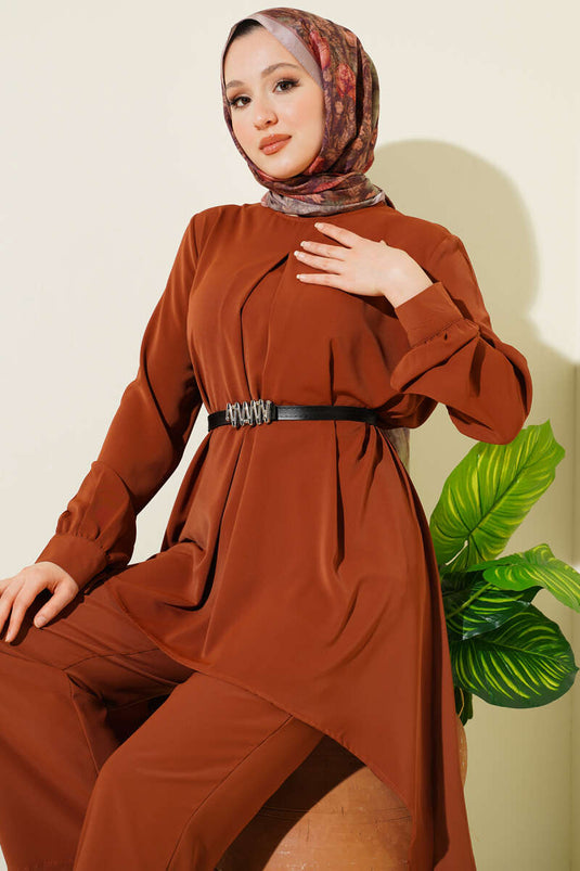Asimetrik Kesim Kemerli Tunik Takım Taba